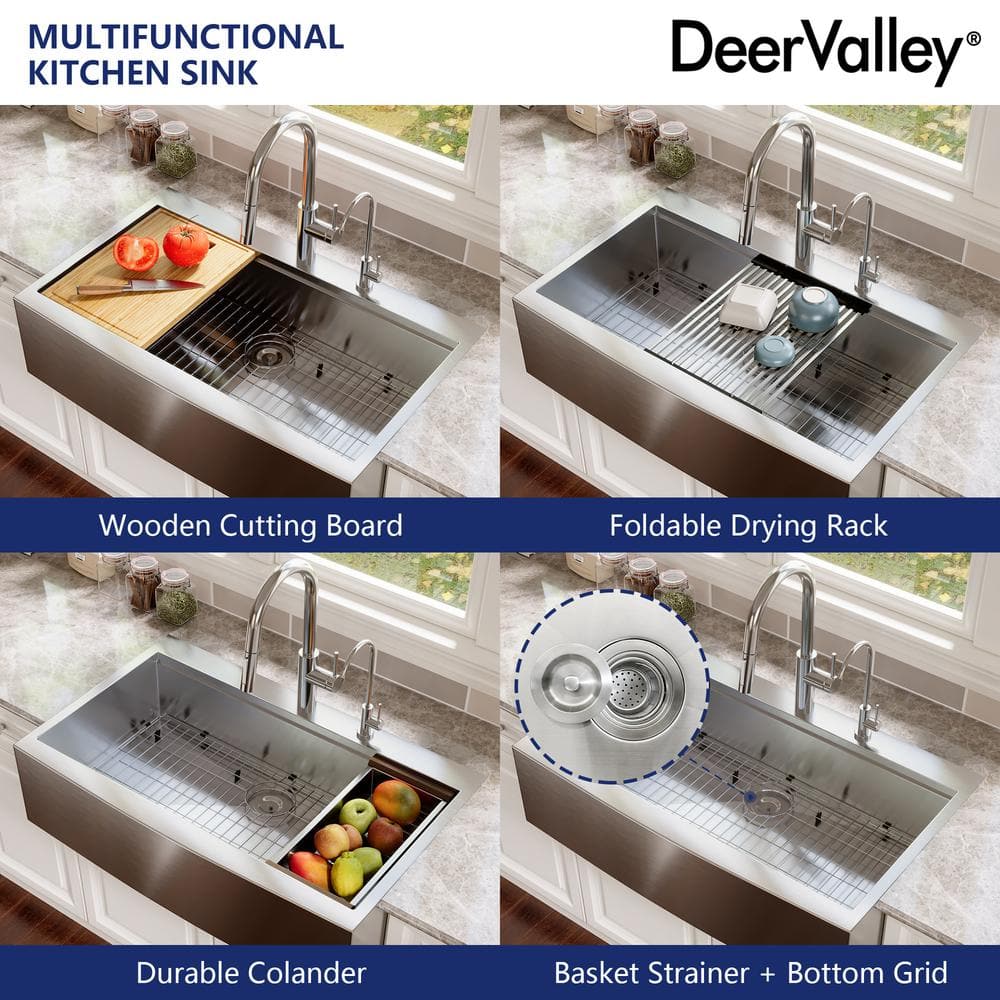 36" Stainless Steel Farmhouse Single Bowl Workstation Sink