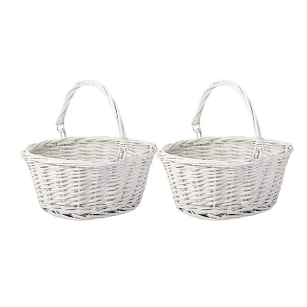 White 6 Pcs Small Wicker Picnic Basket with Handle Flower Girl Baskets Oval Willow Woven Braided Gift Basket