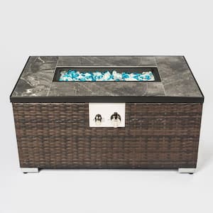 Brown Outdoor Fire Table, Propane Fire Pit Rattan Wicker Gas Fire Table with Tile Tabletop