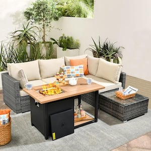 Riley 6-Piece Wicker Patio Rectangular Fire Pit Set with Beige Cushions