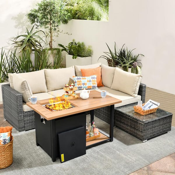 XIZZI Riley 6-Piece Wicker Patio Rectangular Fire Pit Set with Beige Cushions