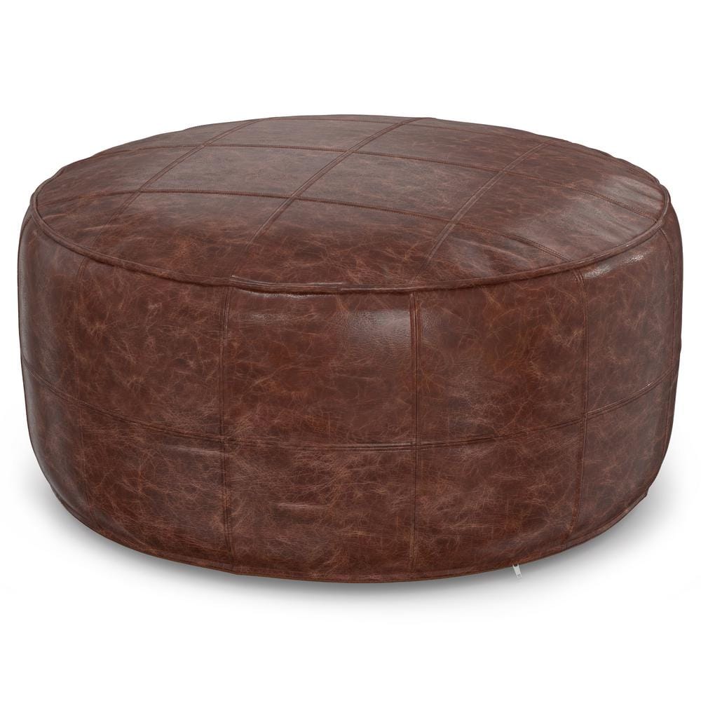 Simpli Home Connor Distressed Brown Faux leather 34 in. Round Coffee ...