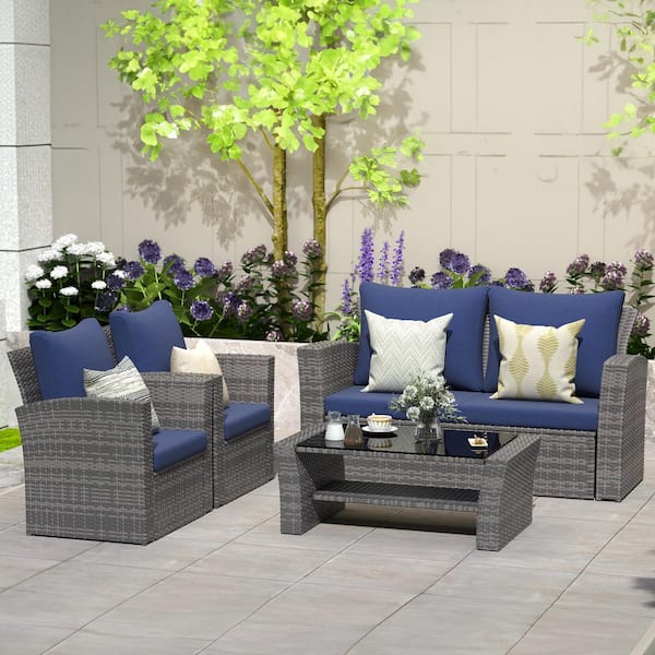SUNVIVI 4-Piece Wicker Patio Conversation Seating Set with Blue Cushions