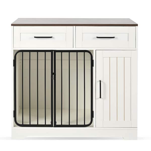 37.4 in. Dog Crate Furniture, Dog Kennel with 2-Drawers and Storage Cabinet, Furniture Dog Crate Side End Table, White
