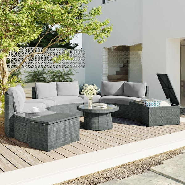 Boosicavelly 10-Piece PE Wicker Rattan Outdoor Sectional Half Round Patio Sofa with Light Gray Cushions