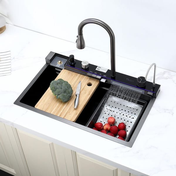 29.5 in. x 18 in. Smart Waterfall Drop-in Single Bowl Stainless Steel Kitchen Sink with Cup Washer, Pull-Down Faucet
