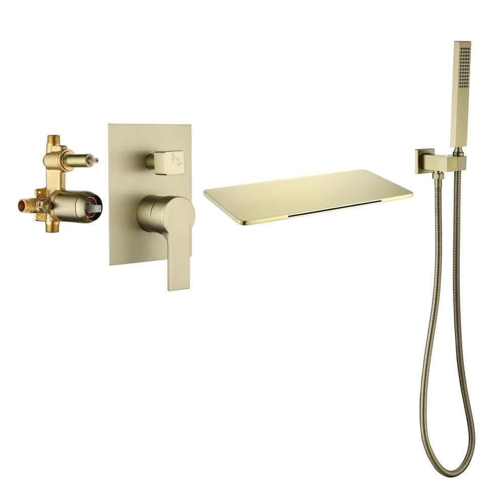 Fapully Single Handle Wall-Mount Waterfall Roman Tub Faucet with Hand Shower in Brushed Gold