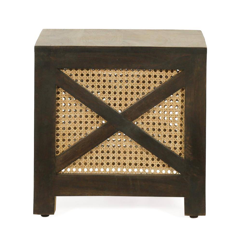 Handcrafted Mango Wood and Cane Wicker Ottoman Stool, Natural and Walnut