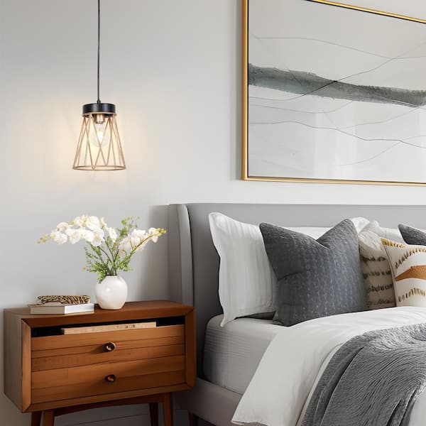 Modern Farmhouse 1-light Matte Black Pendant Light with Dark Gold Cage Shade, Hanging Lamp for Dining Room, Kitchen