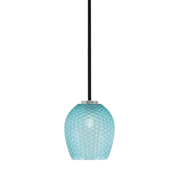 Unbranded Elonia 100-Watt 1 Light Matte Black & Graphite Stem Mini Pendant Light with 7.5 in. Turquoise Textured Glass Shade