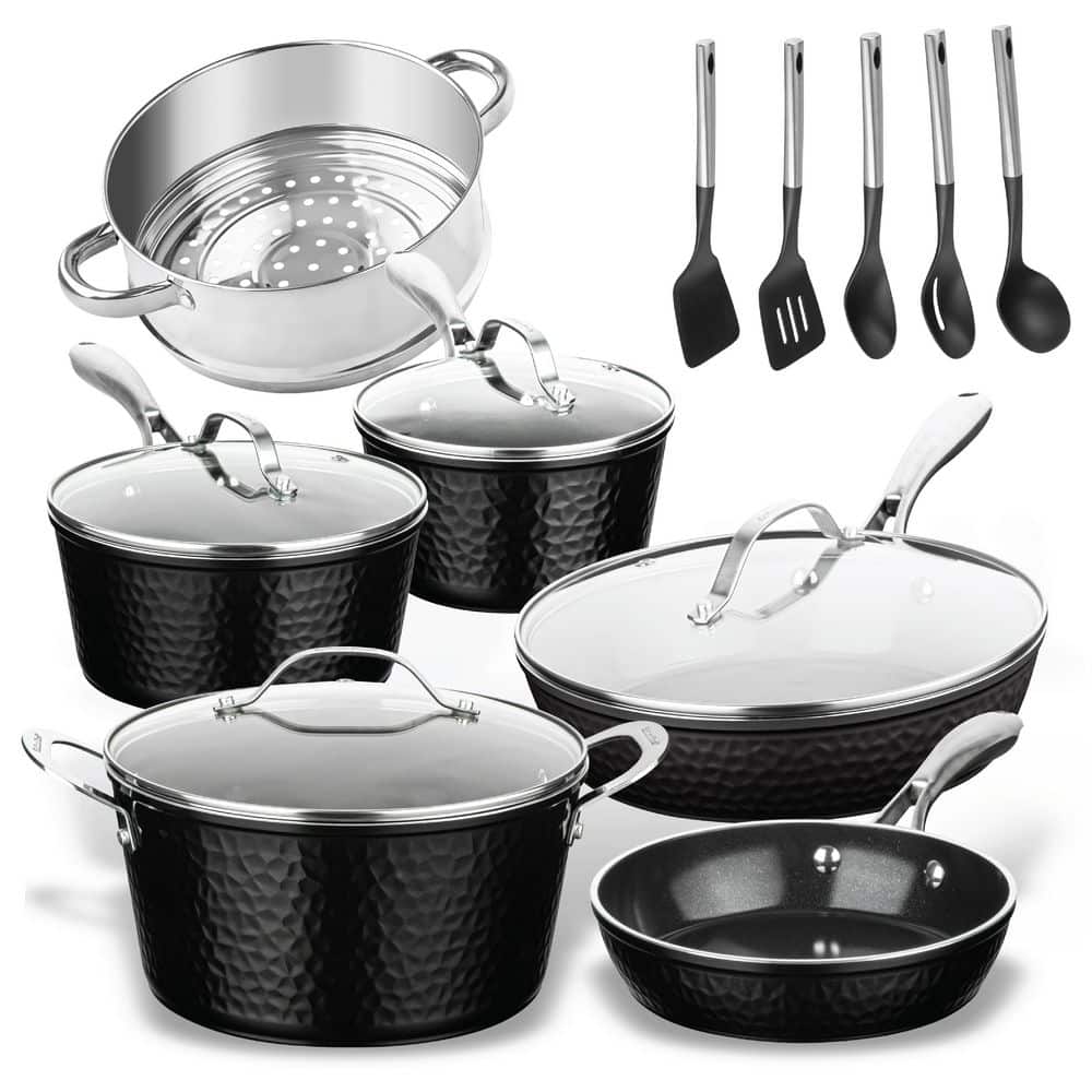Hammered Black 15-Piece Aluminum Non-Stick Cookware Set with Utensils