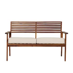 Dark Brown Slatted Acacia Wood Mid-Century Modern Outdoor Loveseat with Bisque Cushions