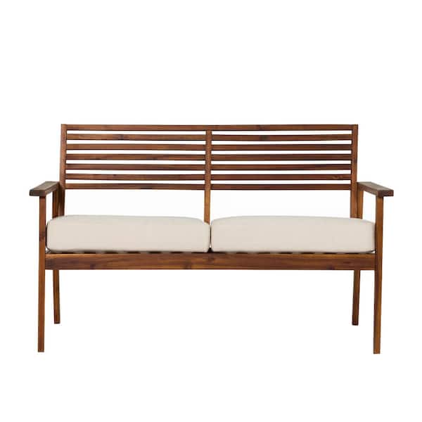 Welwick Designs Dark Brown Slatted Acacia Wood Mid-Century Modern Outdoor Loveseat with Bisque Cushions