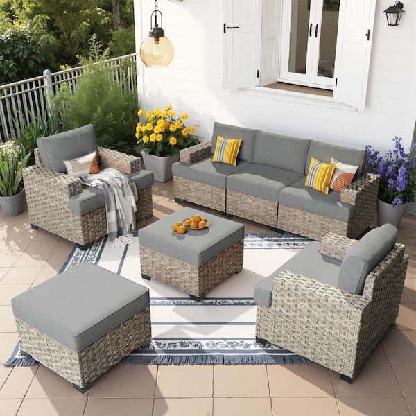 XIZZI Kairos 7-Pieces Wicker Outdoor Patio Conversation Seating Set with Dark Grey Cushions