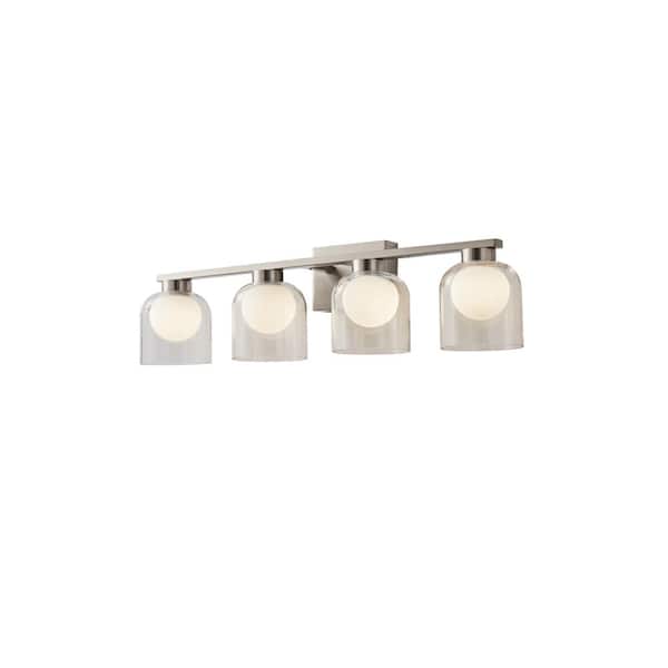 Maxax Austin 28.35 in. 4-Light Classic Nickel Integrated LED Dimmable 3 CCT Vanity Light with White and Clear Glass Shad