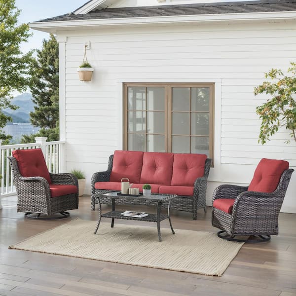 4-Piece Gray Wicker Patio Conversation Set with Olefin Red Cushions and Swivel Glider Chairs/Sofa