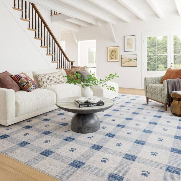 Gingham Machine Washable Blue 9 ft. x 12 ft. Indoor Area Rug