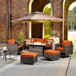 New Star Gray 7-Piece Wicker Rectangle Fire Pit Conversation Set with Orange Red Cushions and Swivel Chairs