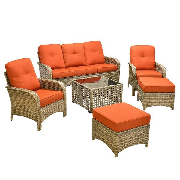 Beverly Gray 6-Piece Wicker Outdoor Patio Conversation Sofa Seating Set with Ottomans and Orange Red Cushions