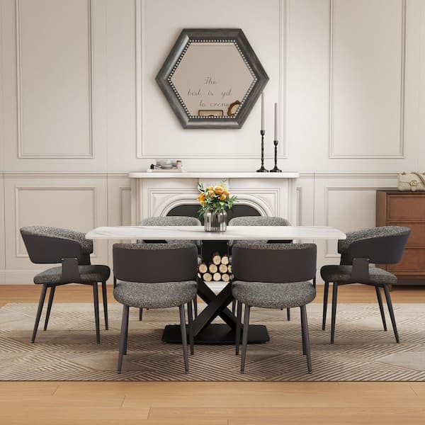 Set of 6 Modern Dining Chairs Teddy Fleece and PU Leather Upholstered Seat Curved Open Back in Black