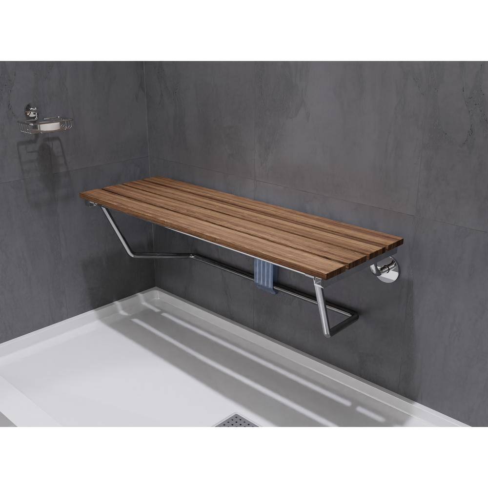 Polished Chrome Teak Wood Wall Mounted Folding Shower Seat