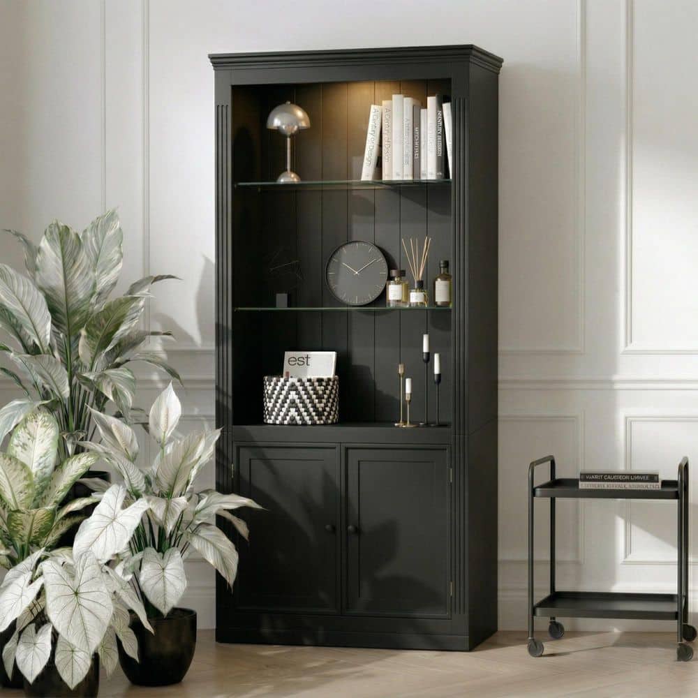 78.75 in. Tall Black Wood Display Bookcase with 5-Colors LED Light and Adjustable Glass Shelves
