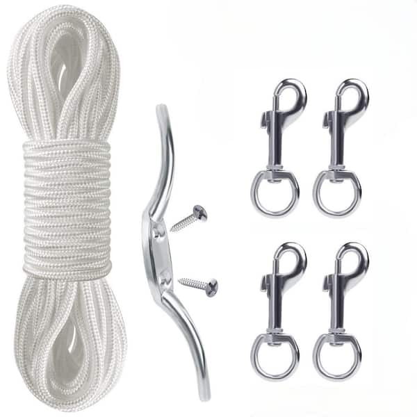 Angel Sar 50 ft. White Double Braided Nylon Flag Pole Halyard Rope Kit with Cleat and Swivel Snap Clips for Flagpoles Up to 25 ft.
