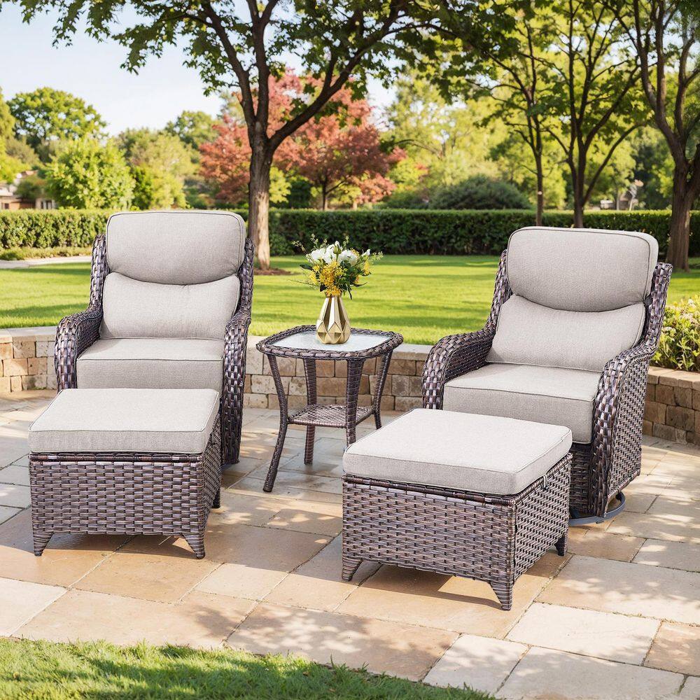 NovaSwivel Brown 5-Piece Wicker Patio Conversation Set Outdoor Swivel Glider with 6 in. Thick Beige Cushions and Ottoman price history on PriceWatchPro
