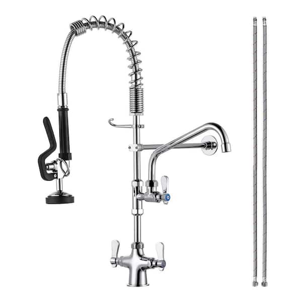 Brass Commercial Deck Mount Triple Handle Pull Down Sprayer Kitchen Faucet with Pre-Rinse Sprayer in Polished Chrome
