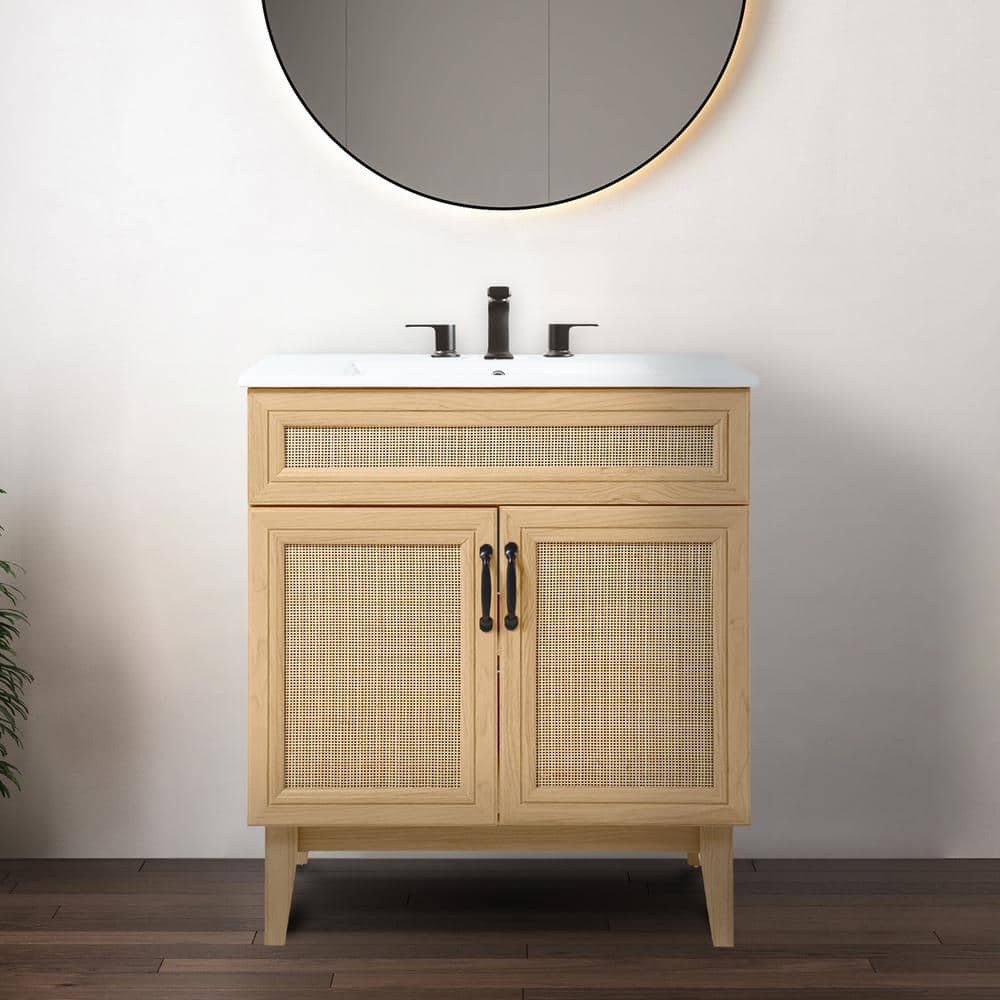 Javer 30" Oak Rattan Modern Farmhouse Bath Vanity Cabinet