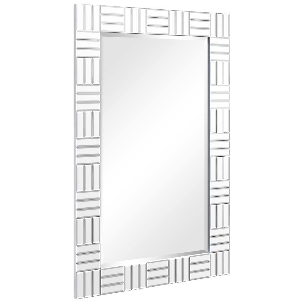 Chrome Subway Tile Rectangular Beveled Wall Mirror with Fir Wood Frame