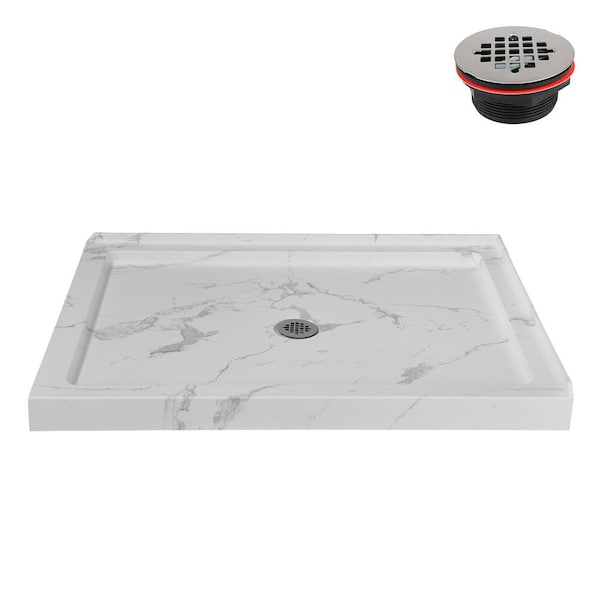 48 in. x 36 in. Corner Acrylic Shower Pan Base in Matte Marble with Center Drain Included