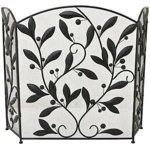 Black Metal Scroll Foldable Mesh Netting 3-Panel Fireplace Screen with Leaf and Vine Relief