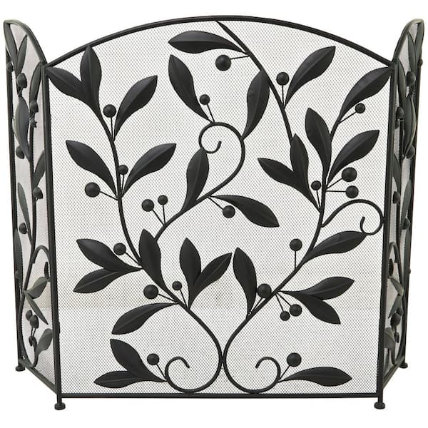 Litton Lane Black Metal Scroll Foldable Mesh Netting 3-Panel Fireplace Screen with Leaf and Vine Relief