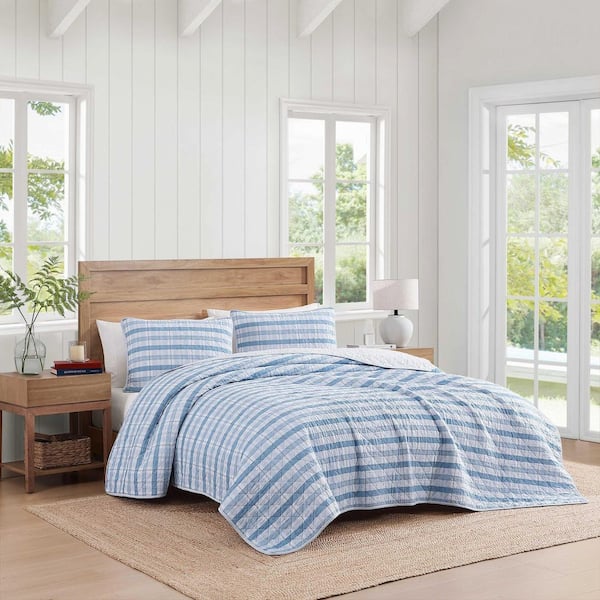 Dreamy Plaid 3-Piece Light Blue/White/Dark Blue Cotton Full/Queen Quilt Set