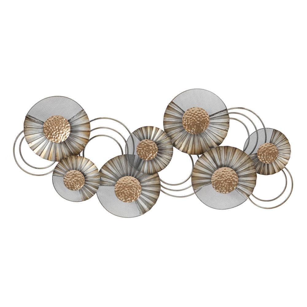 48.5" W Distressed Gray and Gold Metal Floral Wall Sculpture