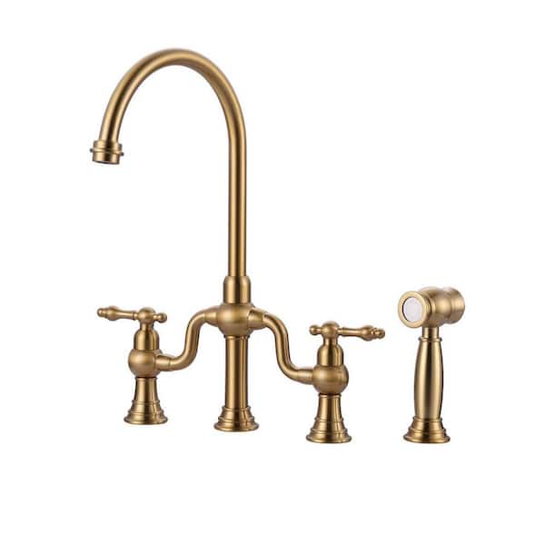 2-Handle Bridge Kitchen Faucet with Side Sprayer in Gold
