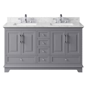 McAuley 59.29 in. W x 21.65 in. D x 33.86 in. H Bath Vanity in Taupe Grey w/ Marble Vanity Top in White w/ White Basins