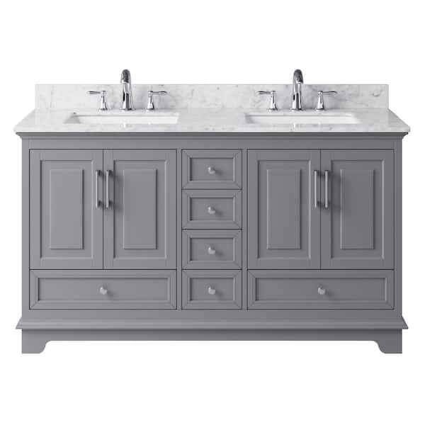 Exclusive Heritage McAuley 59.29 in. W x 21.65 in. D x 33.86 in. H Bath Vanity in Taupe Grey w/ Marble Vanity Top in White w/ White Basins