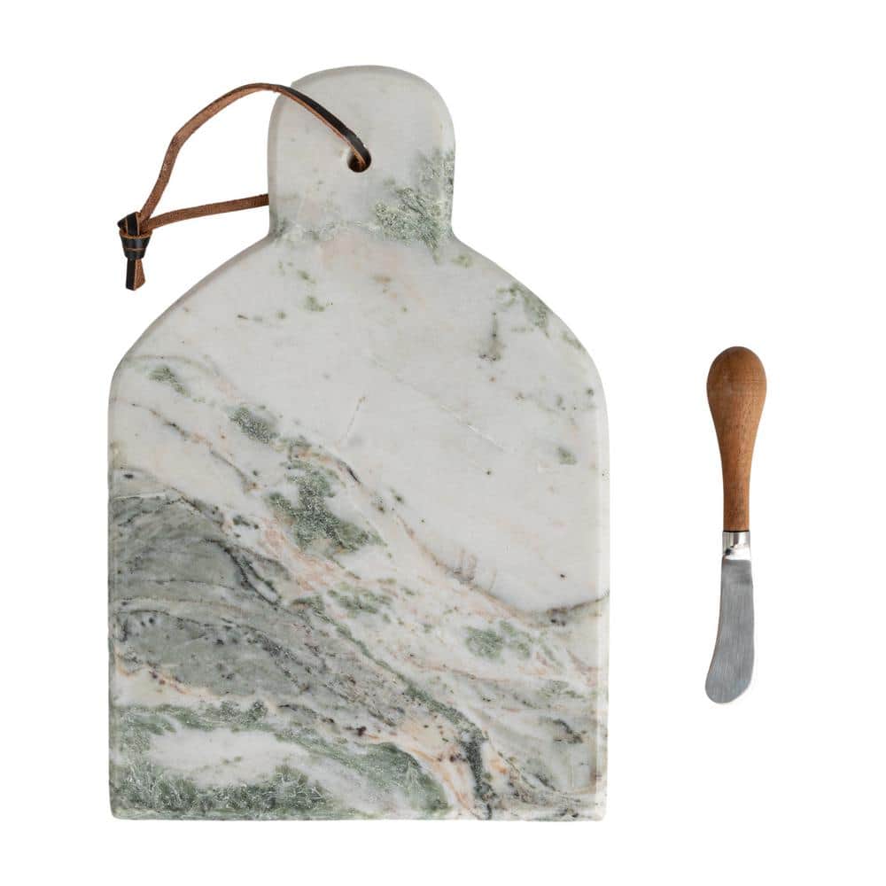 12" Green Marble and Mango Wood Cutting Board with Knife