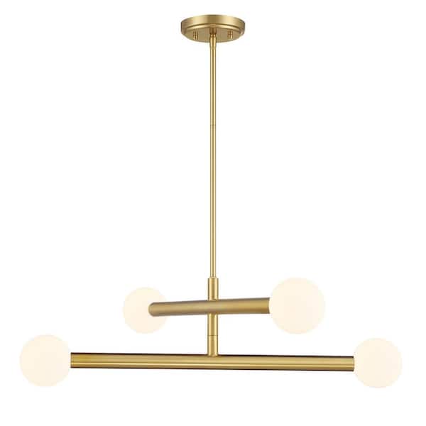 30 in. W x 8 in. H 4-Light Natural Brass Contemporary Chandelier with White Opal Glass Shades