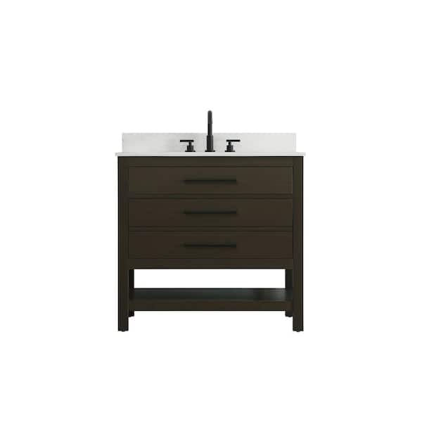 36 in. Single Sink Mocha Brown Bath Vanity with White Engineered Marble Top and Backsplash