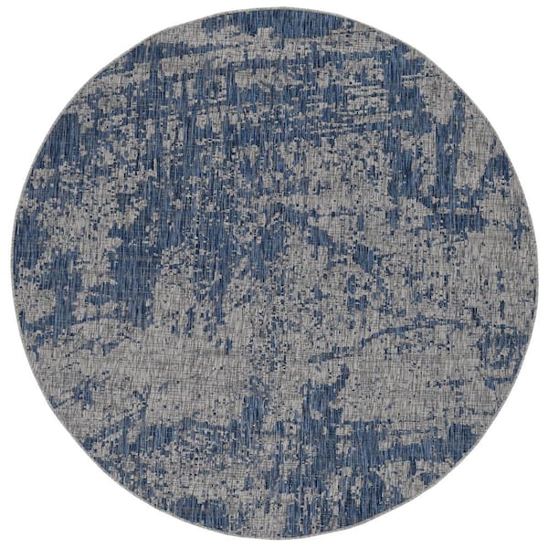 Isla Gray/Denim 8 ft. Round Transitional Distressed Indoor/Outdoor Area Rug