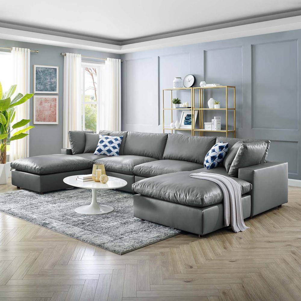 Gray Faux Leather Six-Piece Sectional Sofa with Ottoman