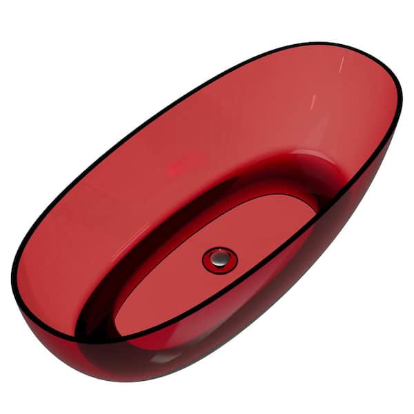 66.9 in. x 29.5 in. Resin Freestanding Oval Soaking Bathtub with Center Drain in Translucent Burgundy