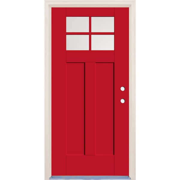 Builders Choice 36 in. x 80 in. Left-Hand 4-Lite Clear Glass Ruby Red Painted Fiberglass Prehung Front Door with 6-9/16 in. Frame