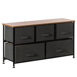 Charcoal Gray 5-Fabric Storage Drawer Unit, Wooden Top Dresser Tower, 2-Sizes Bins