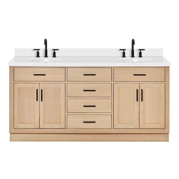 Hepburn 72 in. W x 22 in. D x 36 in. H Double Sink Bath Vanity in Oak with Pure White Quartz Top