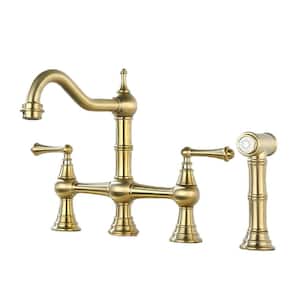 8 In. Double Handle Bridge Kitchen Faucet with Brass Side Sprayer 4 Holes in Gold