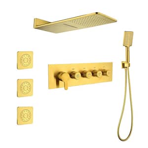 Wall Mounted Waterfall Rain 3-Jet Shower System with 3-Body Sprays and Handheld Shower in Brushed Gold